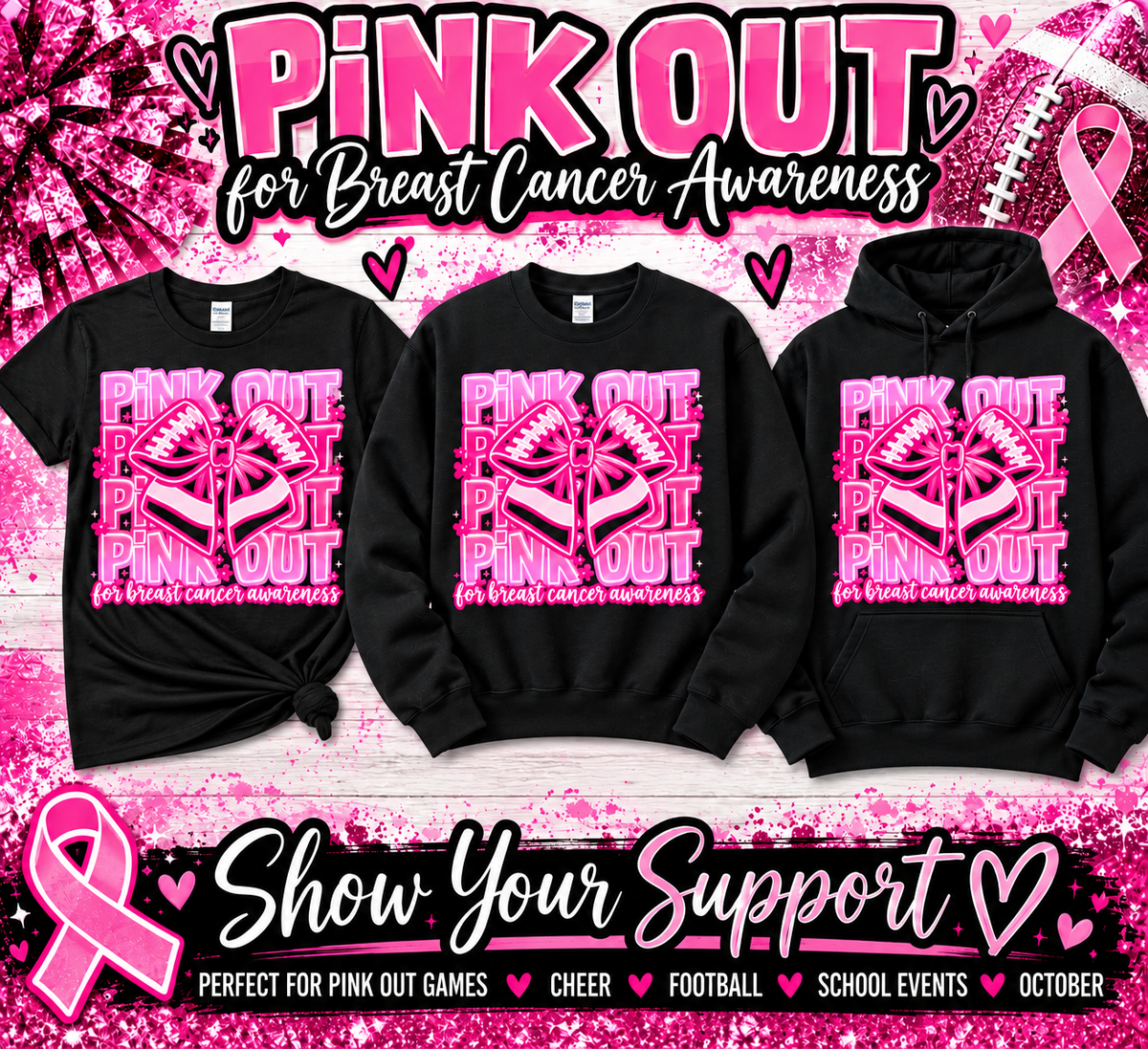 Pink Out Football Bow – Breast Cancer Awareness